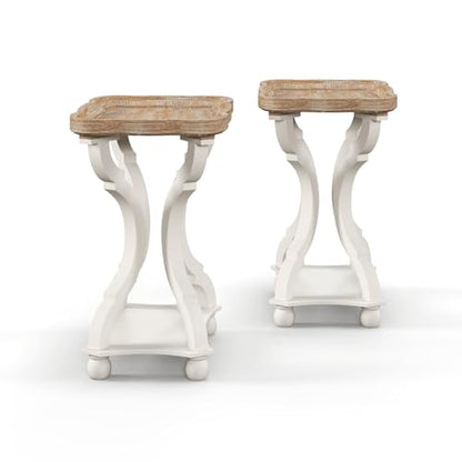 Accent Wood Farmhouse End Table Side Tables Nightstand Natural Tray Top and Distressed Carved Legs for Bedroom Living Room, White (2 PCS) - size: 2-pcs, style: Rectangle