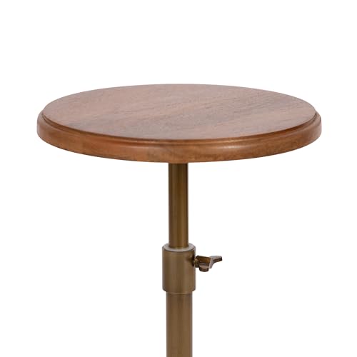 Kate and Laurel Engles Modern Adjustable-Height Pedestal Drink Table, 10 x 10 x 30, Walnut Brown and Brass, Mid-Century Round Indoor Metal Plant Stand with Solid Wood Tabletop