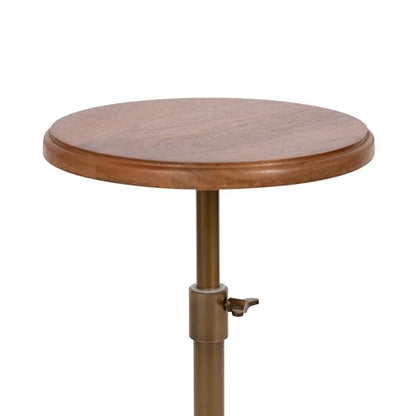 Kate and Laurel Engles Modern Adjustable-Height Pedestal Drink Table, 10 x 10 x 30, Walnut Brown and Brass, Mid-Century Round Indoor Metal Plant Stand with Solid Wood Tabletop