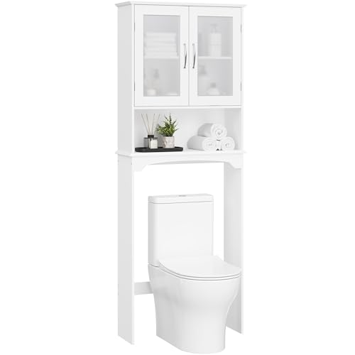 Yaheetech Over The Toilet Storage Cabinet with Double Tempered Glass Doors and Adjustable Shelf, Freestanding Bathroom Storage Rack, 66 Inches Height - color: White