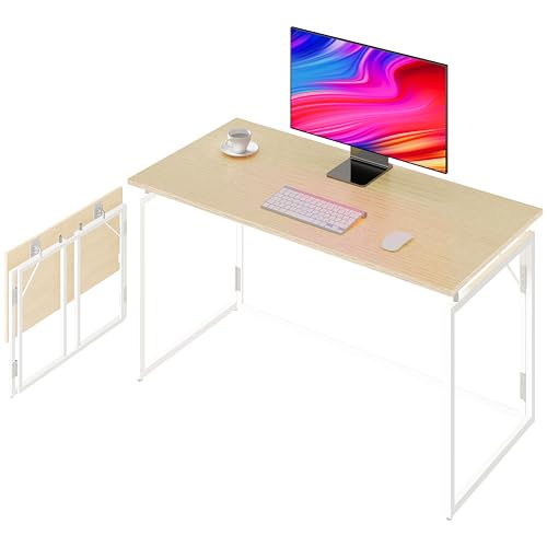 alawooder 39.4" Folding Desk: No Assembly, Wood Top for Small Spaces | 39.4 in dual-monitor workspace, holds 150 lbs, folds flat to 2.3 in, splash-proof top, home office or gaming - color: Beige, size: 39.4"W x 19.7"D
