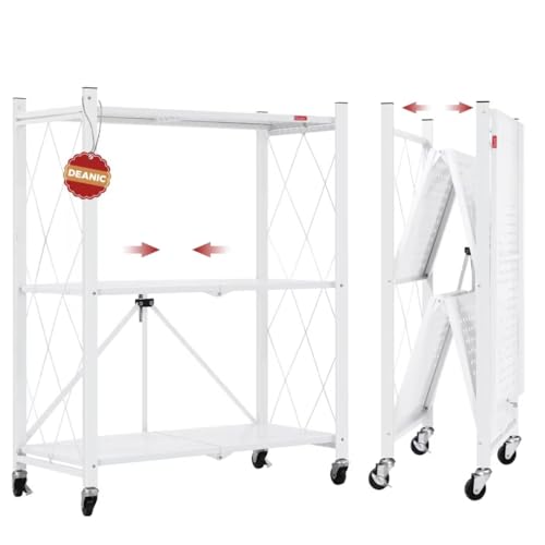 DEANIC 3 Tier Foldable Storage Shelves with Wheels, Kitchen Appliance Stand, Freestanding Metal Wire Shelf Rack, No Assembly Organizer Rolling Cart for Garage, Basement, Pantry(White) - color: White