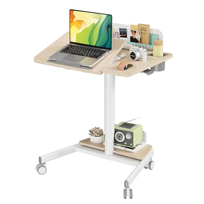 JOY worker Rolling Standing Desk, Mobile Tilt Adjustable Laptop Desk, Oak | 28" Partial 60° Foldable MDF Board, Height Adjustable, DIY Pegboard & Storage Base, 4 Lockable Casters, Home Office Classroom - color: Oak