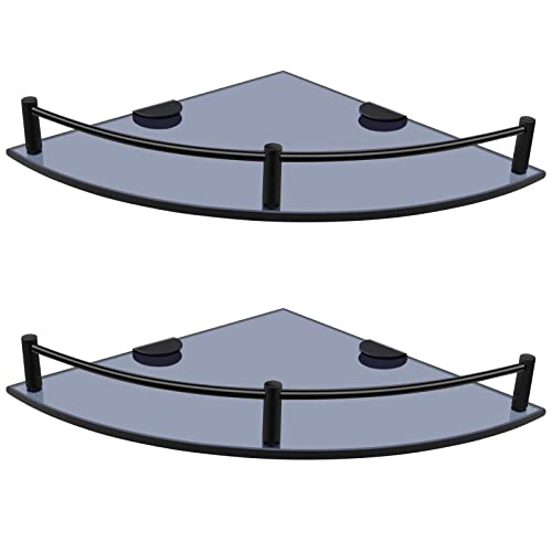 Glass Bathroom Shelves - Set of 2 Corner Shelves with Rail, Floating Glass Shelves for Bathroom, Kitchen, Living Room (Black) - color: Black
