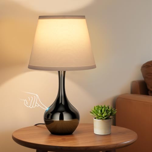 Seealle Touch Table Lamp for Bedroom, 3-Way Dimmable Small Bedside Lamps for Night Stands with Wires, Gloss Black Desk Lamp for Kids Room, Office, Living Room, End Table(LED Bulb Included) - color: F. White Shade & Pearl-black Base