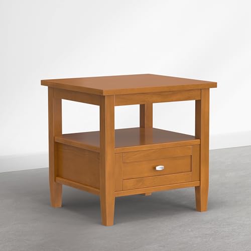 SIMPLIHOME Warm Shaker End Table - 20 inch Wide Solid Wood Side Table in Warm Honey Brown, Transitional Accent Table for Living Room with Drawer, Open Shelf and Square Tapered Legs - color: Warm Honey Brown, size: 20 inch, style: End Table