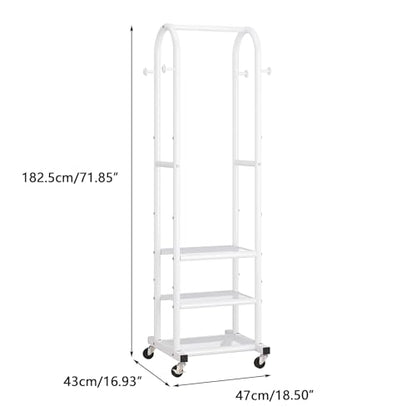 Dttwacoyh Clothing Rack with Wheels,Narrow Metal Garment Rack,White | Easy to install, 71.8 Inches Display Rack with 4 Side Hooks & 3 Shelves,for Small Flats, Bedroom, Entryway,White Clothes Rack - color: White