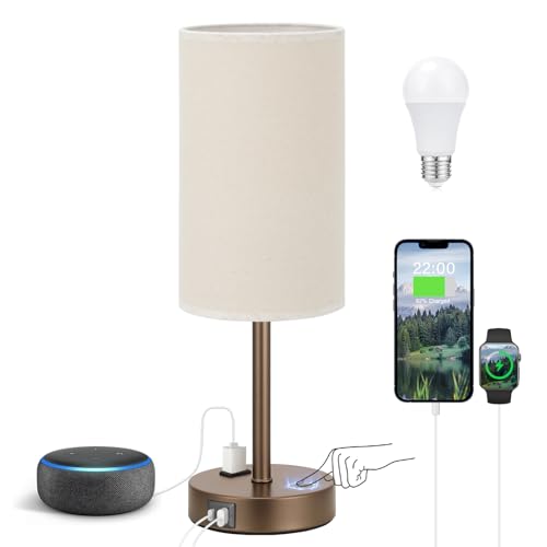 Fenmzee Touch Table Lamp - Beige, 3-Way Dimmable, USB A + C Charging, AC Outlet, 17.4inch Medium, Brown Metal Base - color: Beige - Brown, size: 17.4" Touch Control