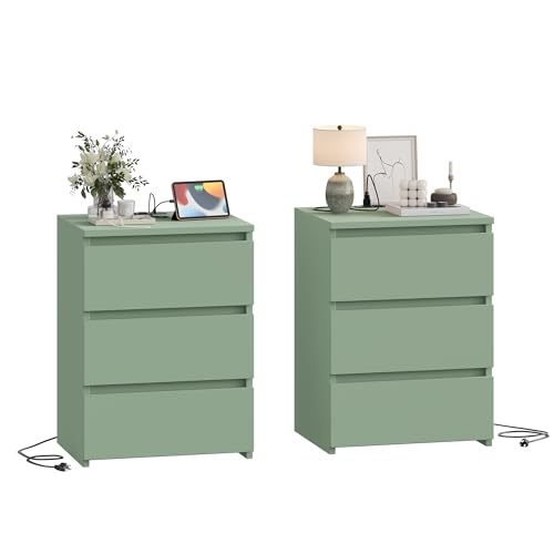 Keyluv 3 Drawers Nightstand Set of 2 with Charging Station, Modern Bedside Table with USB Ports, Sofa Side Table Night Stand with Storage, Sturdy End Table for Bedroom/Living Room/Home Office, Green - color: Green
