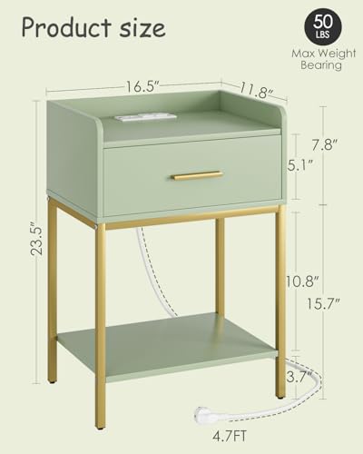 Nightstand with Charging Station,3-Tier Modern Bedside Table Night Stand with Storage Drawer and Open Shelf,Small End Side Table for Bedroom,Living Room,Green - color: Green With Charging Station