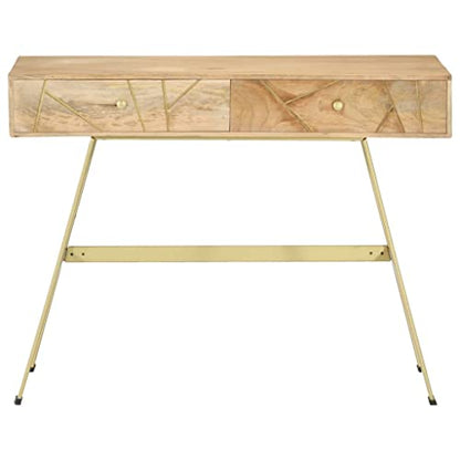 Industrial Computer Desk with 2 Drawers 39.4" Solid Mango Wood and Steel Writing Table for Home Office Small Spaces Natural Brass - color: Solid Mango Wood