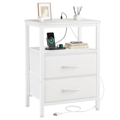 DUMOS Nightstand with Charging Station Built in USB Ports and AC Outlets Bedside Table with Adjustable Fabric Drawer and Open Shelf Modern End Table for Bedroom,White - color: White, size: 15.7"D x 11.8"W x 23.6"H (2 Drawers)