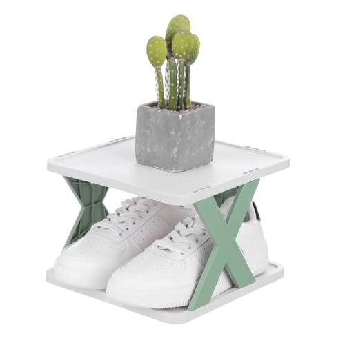 uxcell 2-Tier Plastic Shoe Rack, Vertical Shoe Rack Stackable Storage Organizer Folding Space-Saving Narrow Slot Shelf for Closet Livingroom Entryway Garage, Green/White - color: Green/White, size: 10.2x9.4x6.7 Inch