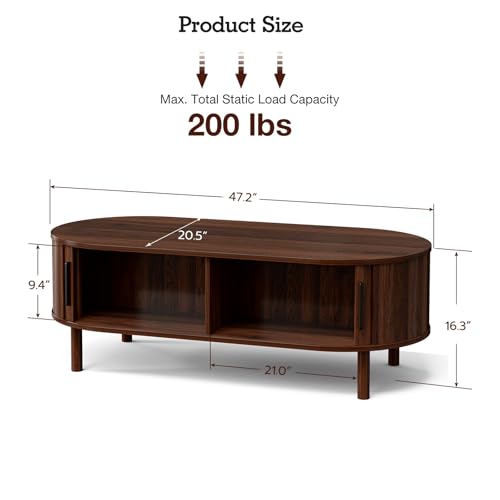 ZttRiee Oval Coffee Table with Sliding Doors, Mid-Century, Walnut | 47.24"L x 21.65"W x 16.14"H, 200 lbs capacity, 2 front & back storage areas, ~60 min assembly - color: Walnut_lsj032-wa