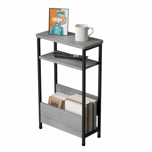 THUMEYE 7.1" Narrow Side Table for Small Spaces, 3 Tier Small End Table with Magazine Holder, Slim/Skinny Nightstand/Bedside Table for Living Room, Bedroom, 15.4" L x 24.2" H, Gray - color: Grey