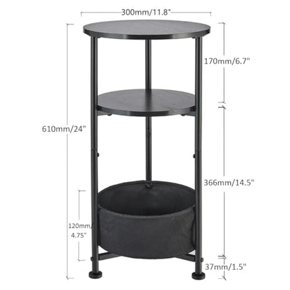 Small Round Side Table with Storage Basket, 3-Tier Narrow End Table Nightstand for Living Room Bedroom, 11.8" Diameter Modern Bedside Table for Small Spaces, Wood Grain & Metal Frame (Black) - color: Black