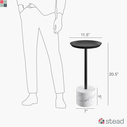 Round Metal Drink Table with Black Top and Faux Marble Base – Small Pedestal Side Table for Living Room, Bedroom, or Office – Modern Black Round Cocktail Table, Easy Assembly, Scratch-Resistant - color: Black, style: Cylinder Base