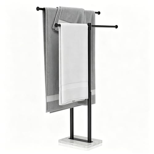 Free Standing Towel Racks Matte Black 2-Tier Towel Holder for Bathroom Floor Stand with Heavy Marble Base Thicken Steady Design Stainless Steel