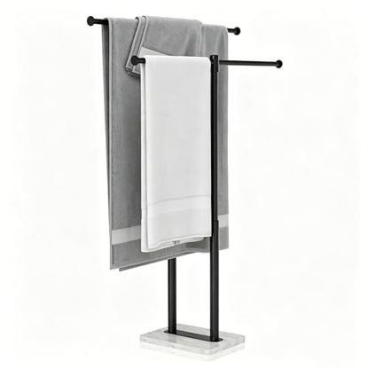Free Standing Towel Racks Matte Black 2-Tier Towel Holder for Bathroom Floor Stand with Heavy Marble Base Thicken Steady Design Stainless Steel