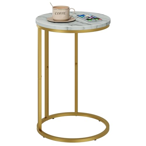Function Home C Table End Table, Marble C Shaped Sofa Side Table, Couch Tables that Slide Under, Snack Accent Table for Living Room Bedroom Small Space, Marble Top and Gold Metal Frame - color: Round Gold