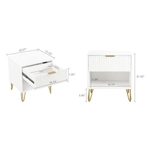 JOSHEN Sturdy Metal Legs Nightstand, Bedside Stand with Textured Drawer, Accent Table for Bedroom for Indoor use, White - color: White