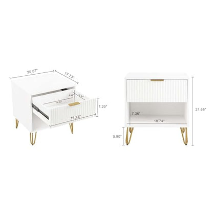 JOSHEN Sturdy Metal Legs Nightstand, Bedside Stand with Textured Drawer, Accent Table for Bedroom for Indoor use, White - color: White