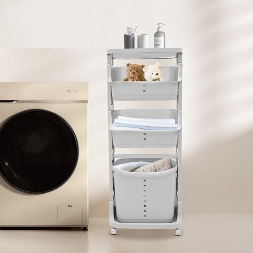 Laundry Basket, Laundry Basket Organizer Sorter Clothes Storage Organizer Shelf Rolling Cart with 4 Wheels, Laundry Hamper Basket Sorter Washing Hamper for Kitchens Bathrooms Bedrooms (4 Tier, Grey) - style: 4 Tier, Grey