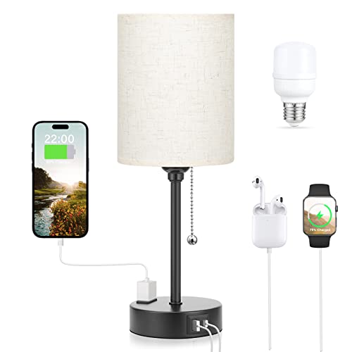 Small Bedside Lamps 3 Color Modes - Off White 3000K 4000K 5000K Bedroom Lamps with USB C and A Ports, Pull Chain Table Lamps with AC Outlet, Nightstand Lamps with Black Metal Base for Kids Reading - color: Off-White, size: 14.6 in