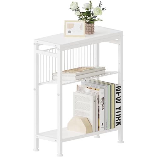 Side Table for Small Spaces, Narrow End Table with Magazine Holder, 2 in 1 Design Slim Side Table, Skinny Nightstand for Living Room Bedroom, Thin Side Magazine Table, White - color: White, size: 1-pcs
