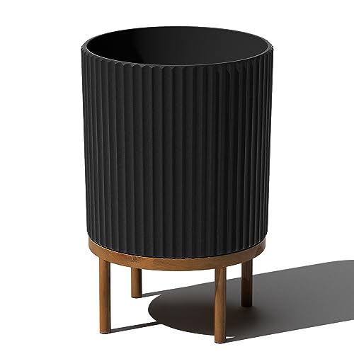 Veradek Demi Series Round Planter w/ Stand for Porch/Patio | Durable Plastic-Concrete & Wooden Stand | Modern Décor for Tall Plants, Flowers - color: Black/Brown, size: 16 inch