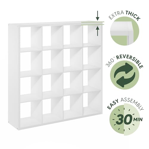 Furinno Cubicle 16-Cube Book Shelf, Extra Thick Frame Bookshelf, White | 14.6" x 58" x 58", Reversible Bookcase with Open Back, for Living Room, Bedroom, Home Office - color: White, size: 16-Cube
