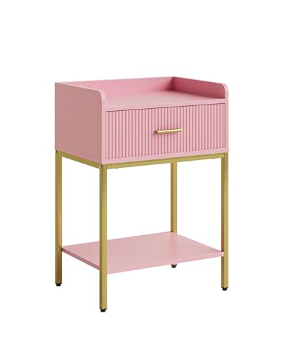 Nightstand, 3-Tier Bed Side Table, Small End Table, Night Stand with Open Shelf and Drawer, Bedside Table for Bedroom, Living Room, Pink - color: Pink, style: Without Charging Station