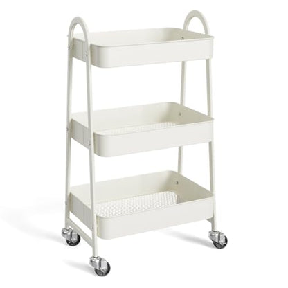 3-Tier Metal Rolling Utility Cart, Small Rolling Cart Kitchen Trolley Bathroom Laundry Room Bar Office Shelves Storage Organizer Shelving Unit with Caster Wheels for Narrow Places, White - color: White