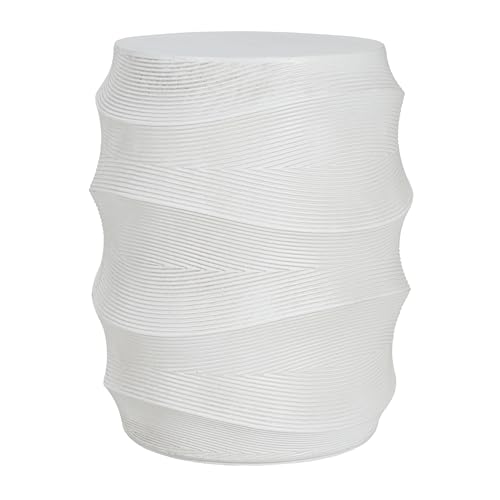 White Textured Wave Drum Side Table, Indoor Outdoor Round Accent End Table, Modern Sculptural Garden Stool Plant Stand for Patio Living Room Bedroom Entryway