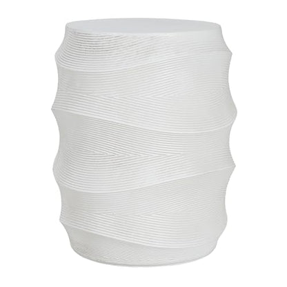 White Textured Wave Drum Side Table, Indoor Outdoor Round Accent End Table, Modern Sculptural Garden Stool Plant Stand for Patio Living Room Bedroom Entryway