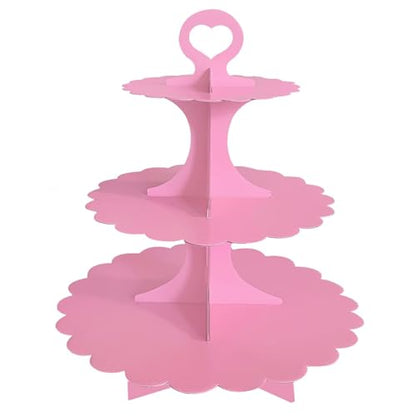 3-Tier Pink Cupcake Stand, Heart Handle Dessert Display Tower, Perfect for Girl Birthday Baby Shower Small Parties, Easy Assembly (1-Pack) ﻿ - color: Pink 1 Pack