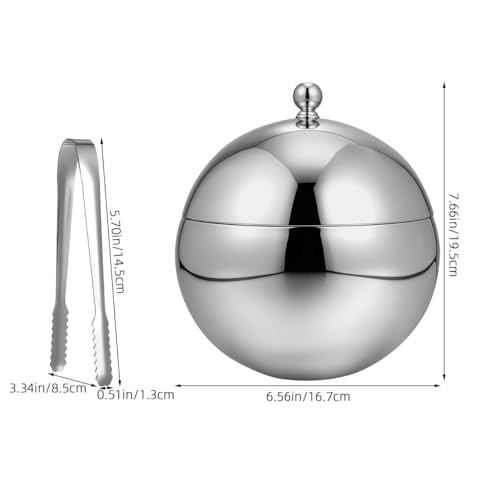 NUOBESTY Double Walled Ice Bucket with Lid and Tongs Stainless Steel Insulated Beverage Bucket for Wine Beer Juice Bar Parties Home Entertaining Spherical Shape 7.67 X 6.57 X 6.57 in
