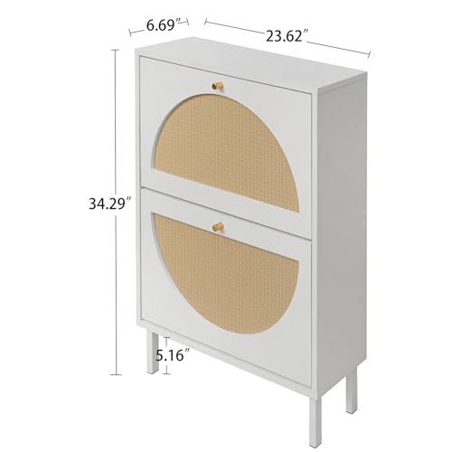 ZeHuoGe Rattan Shoe Cabinet with 2 Flip Drawers, Entrance Hallway Slim Entryway Organizer, White Rack Storage for Heels, Slippers - color: White, style: 2-Drawers
