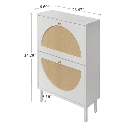 ZeHuoGe Rattan Shoe Cabinet with 2 Flip Drawers, Entrance Hallway Slim Entryway Organizer, White Rack Storage for Heels, Slippers - color: White, style: 2-Drawers