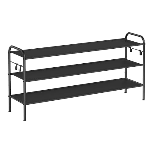 SONGMICS Shoe Rack, 3-Tier Shoe Organizer, Fabric Shoe Shelf Storage with 4 Hooks, Holds up to 18 Pairs of Shoes, Height-Adjustable Shoe Rack for Entryway, Hallway, Closet, Easy Assembly, Ink Black - color: Ink Black, size: 3 Tier (20.8"H)