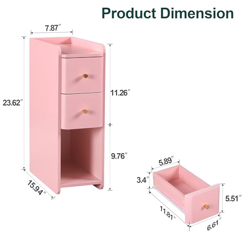 Pink Narrow Nightstand, Wooden Small 2 Drawer Nightstand, Slim Side End Table, Skinny Bedside Table, Mid Century Modern Night Stand with Drawers, for Living Room (Pink-1 pc) - color: Pink-1 Pc