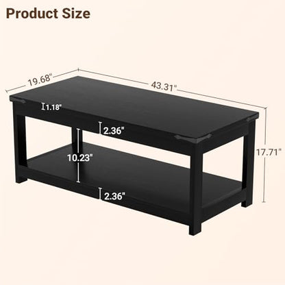 Homieasy 43.3” Rectangular Coffee Table with Storage Shelf, Black | Farmhouse Wood Center Table for Living Room, Modern Black Tea Table with Open Shelf - color: Black