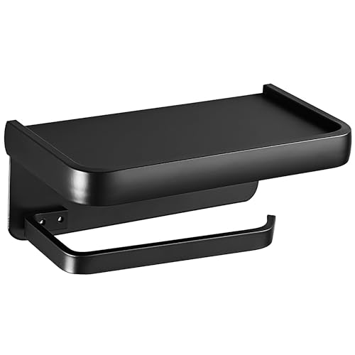 Toilet Paper Holder with Phone Shelf, Adhesive or Screw Wall Mount Toilet Tissue Roll Holder-Black - color: Black