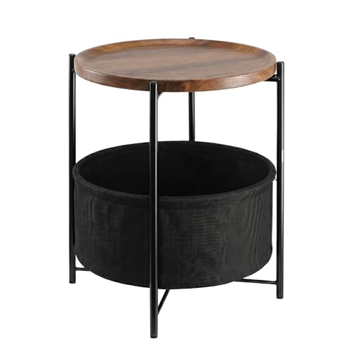 danpinera Side Table with Wood Removable Tray, Nightstand with Basket | Small Round Table for Small Space, Living Room, Bedroom, Nursery, Modern Accent Stand with Serving Tray, Walnut - color: Walnut