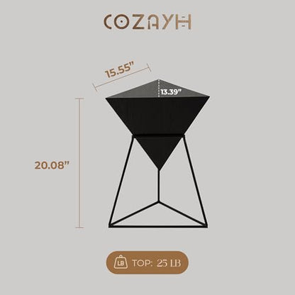 COZAYH Geometric End Table, Modern Side Table with Wooden Top and Metal Base Design, Unique Pyramid Plant Stand for Home and Living Room, Black - color: Black