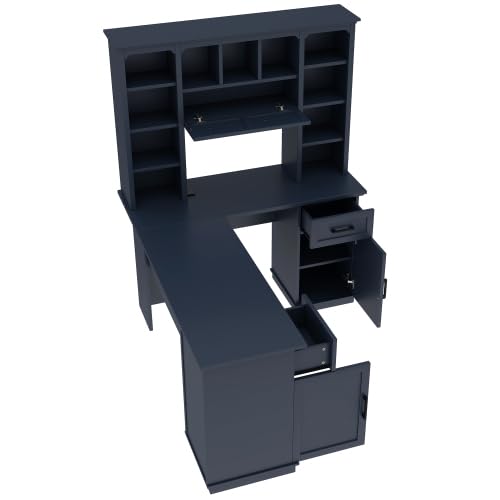 Bellemave L-Shaped Computer Desk with Drawers, Hutch and Bookshelf, Home Office Desk, Corner Gaming Computer Desk with Power Outlet, Study Table Writing Desk, Antique Blue - color: Antique Blue
