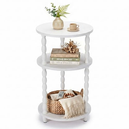 Small Round Side Table, 3-Tier Solid Wood End Table with Storage Shelf, Modern Bedside Tables Night Stand for Living Room, Bedroom, College Dorm, Small Space (White) - color: White