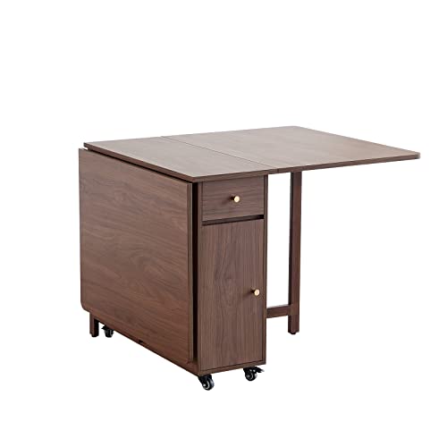 Drop Leaf Folding Dining Table with Storage, Wheels, Space Saving | Foldable Design, 18mm Thick Plywood, 300lbs Capacity, Locking Wheels, Farmhouse, for Living Room Kitchen Small Spaces, Walnut - color: Walnut
