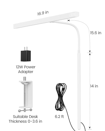 SUPERDANNY LED Desk Lamp for Home Office, Eye-Caring Desk Light with Adjustable Gooseneck, 12W Touch Control Dimmable Brightness, Architect Clamp Lamp with USB Adapter, White - color: White, size: Desk Clamp
