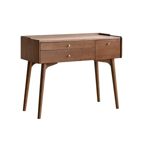 Small Vanity Desk, Solid Wood Dressing Table with Drawer Divider, Study Desk and Vanity Desk for Bedroom, Walnut Color, 18" D x 31" W x 32" H - color: Ash Wood-walnut, size: 32" W